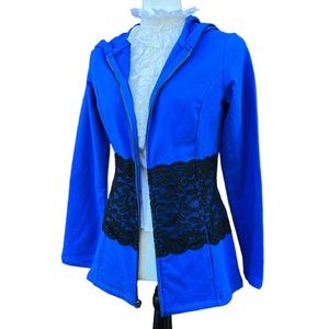 Blue Lace Trimmed Hoodie Athletic Yoga Jacket NWT XS